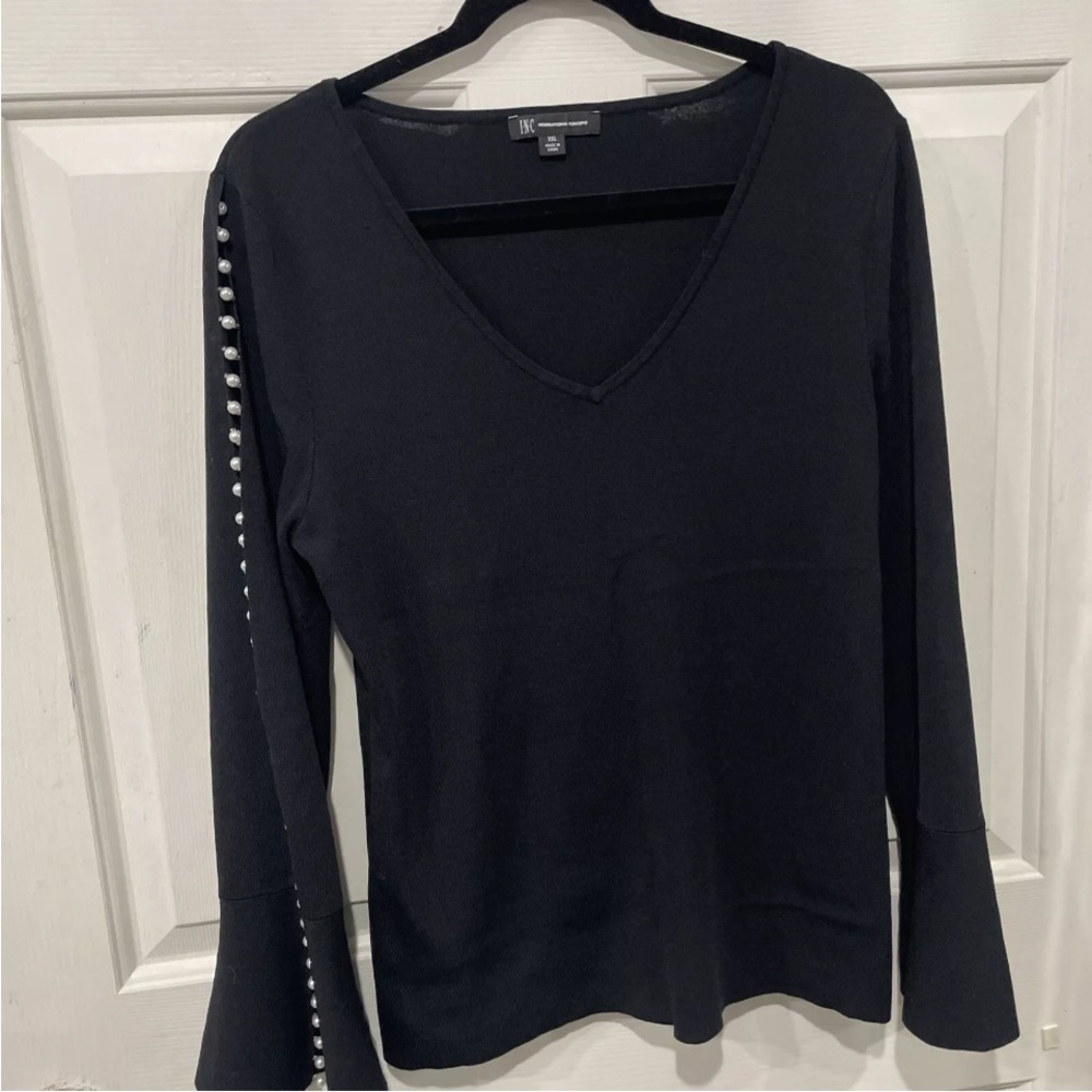 Black V-Neck Top with Pearl Detailing